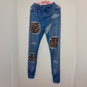 Blue Distressed girls leggings with Leopard Patch